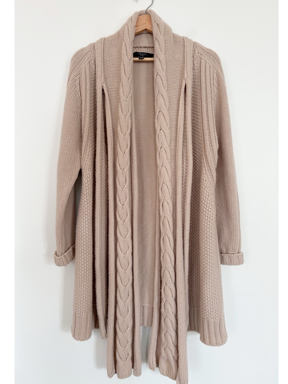 Weekend Max Mara ||‎ Scarf Trimmed Open Front Cardigan Wool Sweater Tan Medium